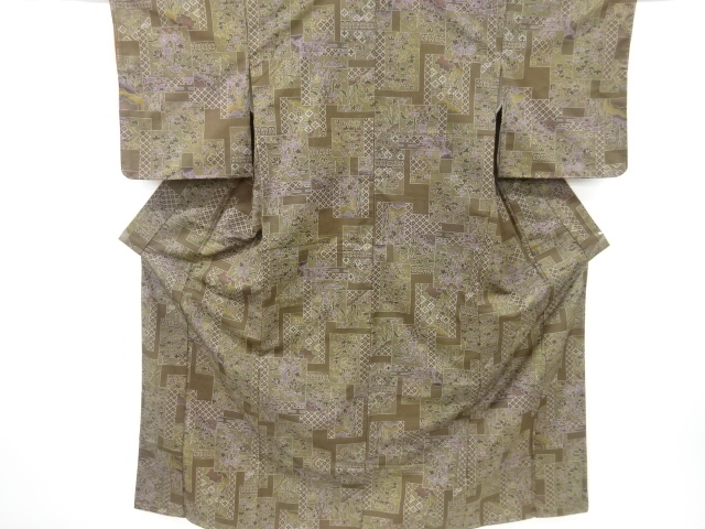 JAPANESE KIMONO / UNUSED OMESHI KIMONO / SILK / NISHIJIN-ORI / WOVEN SHIKISHI & ABSTRACT HOUSES & FLORAL PLANTS PATTERN